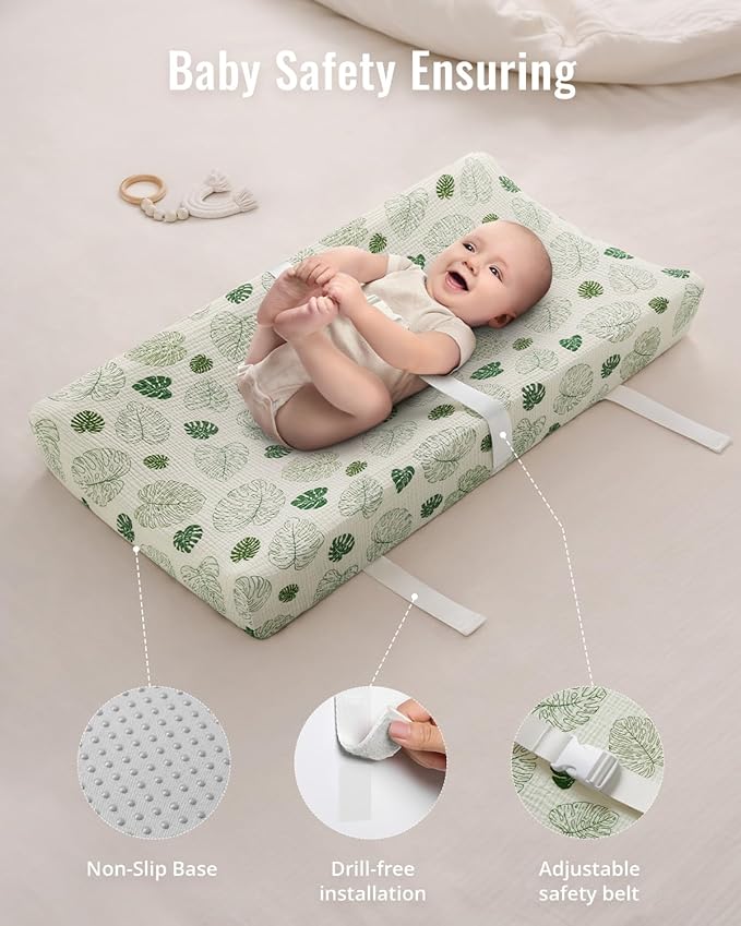 Blissful Diary Muslin Baby Changing Pad with Waterproof Lining Foam, Diaper Changing Table Pad with Cover for Dressers (Monstera, Rectangular)-CubbioJoy