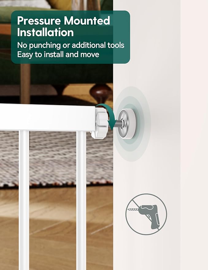 Babelio Baby Gate with Adjustable Cat Door,29-43" Auto Close Durable Pet door for Stairs,Doorways and House,Pressure Mounted,Easy Install,Effortless Walk Thru,White-CubbioJoy