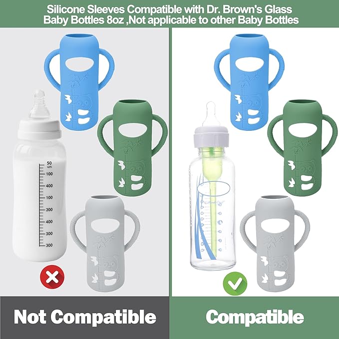 BUSOHA 3 Pack Silicone Sleeves for Dr. Brown's Glass Baby Bottles - Drop Protection Baby Bottle Sleeves Compatible with Dr. Brown's Newborn Glass Bottles with Silicone Handles,8 oz-CubbioJoy