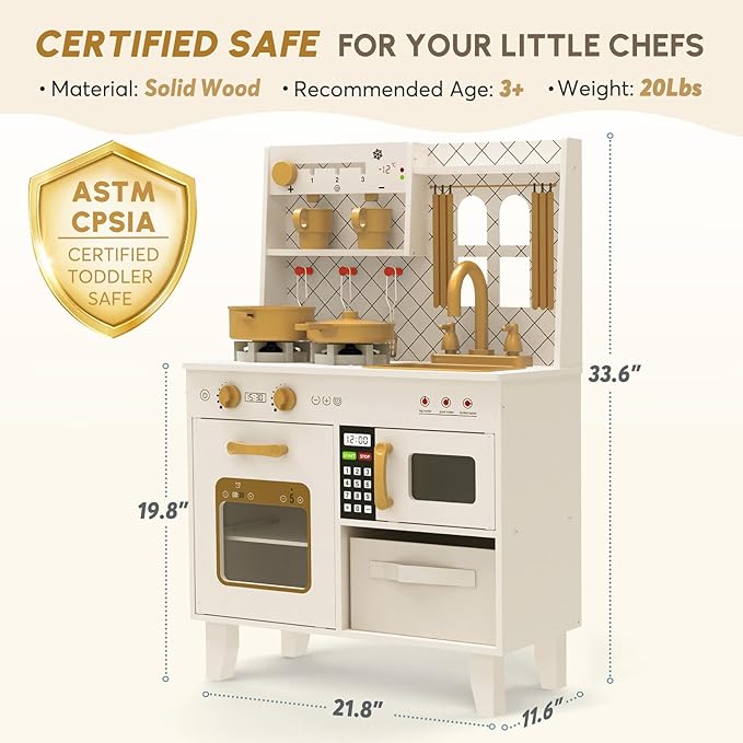 BIERUM Play Kitchen with Realistic Lights & Sounds, Wooden Kitchen Playset Chef Pretend Play Set for Toddlers, Toy Kitchen with 26 Pcs Toy Food & Cookware Accessories, Gift for Ages 3+-CubbioJoy