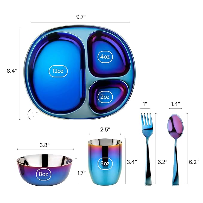 Ahimsa Stainless Steel Kids Dinnerware Set - 5 Piece Stainless Steel Toddler Plates and Bowls Set, Pediatrician Designed, Plastic Free Toddler Plate and Bowl, Kids Utensils and Cup (Blue)-CubbioJoy