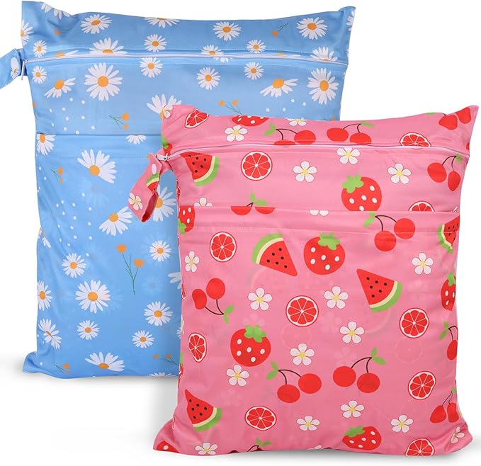 2pcs Travel Waterproof Laundry Bag, Cloth Diaper Wet Dry Bags with Handle & 2 Zipper Pockets, Reusable Washable Dirty Clothes Bag for Baby Adult Travelling Hanging, Bathing Beach Pool Daycare-CubbioJoy