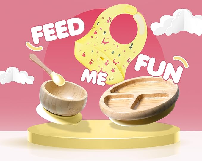 Bamboo Baby Feeding Set for Infants & Toddlers - Baby Essentials, Non-Toxic, Sustainable, Bamboo Suction Plate & Bowl, Bib, Sippy Cup w/Lid & Straw, Daily Use, Travel, Baby Shower Gifts (Yellow)-CubbioJoy