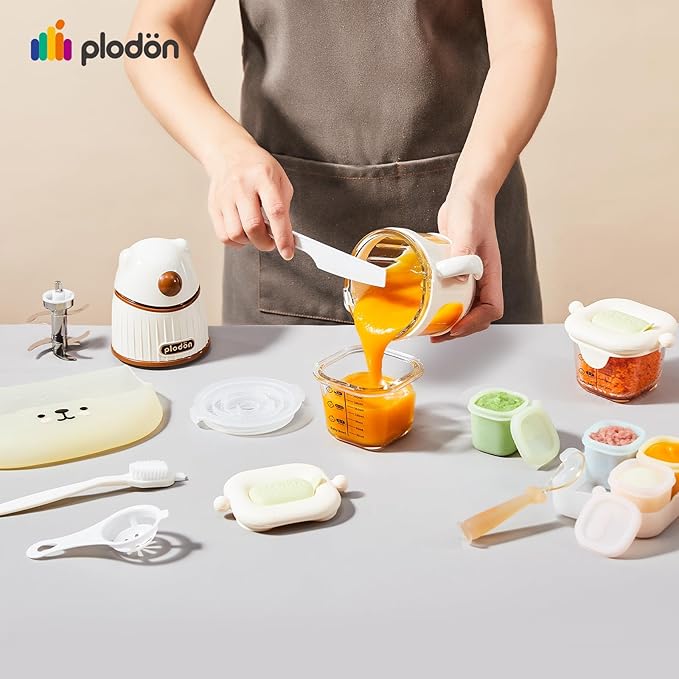 Baby Food Maker-Food Processor, Fruits, Vegetables, Meats, Potatoes, Avocados, Gift Package with A feeding spoon, A bib, A set of 4 separate food ice cube trays, and Two 200ml food storage-CubbioJoy