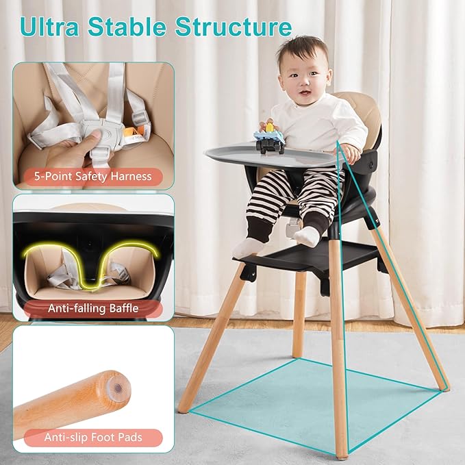 Baby High Chair, 6 in 1 Wooden Convertible High Chairs for Babies and Toddlers, Booster Seat with Double Tray & Reversible Footrest, 5-Point Harness Infants Feeding Seat, Black-CubbioJoy