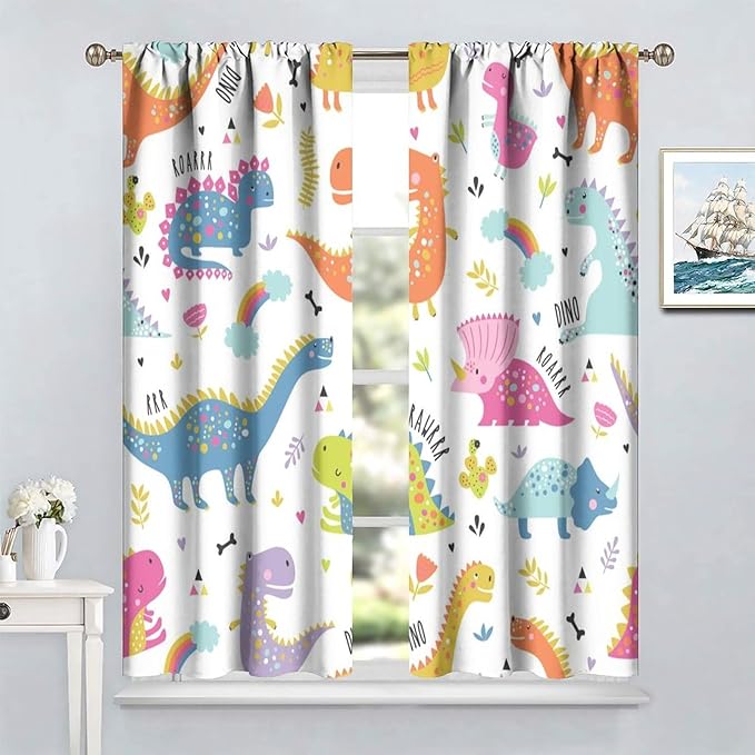 Cartoon Dinosaur Curtains for Kids Boys Girls Home Decor Childish Cute Dino Animals Print Pattern Rod Pocket Blackout Window Drapes for Nursery Baby Bedroom Playroom W21xL63in 2 Panels-CubbioJoy