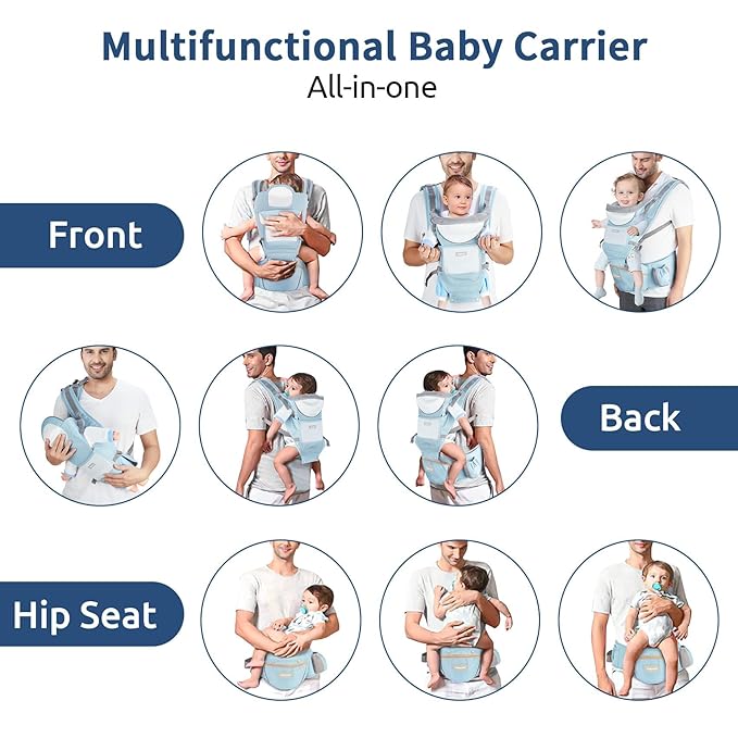 Baby Carrier with Hip Seat,Ergonomic M Position 6in1 Baby Carrier Newborn to Toddler,Head Support and Breathable Mesh Newborn Carrier,Adjustable Baby Holder Carrier for Dad&Mom-Blue-CubbioJoy