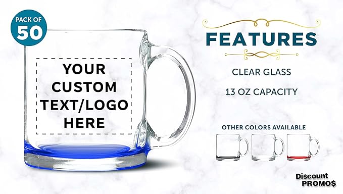 Custom Libbey Clear Glass Coffee Mugs 13 oz. Set of 50, Personalized Bulk Pack - Perfect for Coffee, Tea, Espresso, Hot Cocoa, Other Beverages - Blue Bottom-CubbioJoy