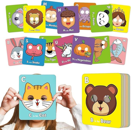 Alphabet Mask Cards,26 Pcs Alphabet ABC Flash Cards with Animal Masks,Colorful Giant ABC Animal Flash Cards,Learn Letters,English Phrases Colorful Flashcards for Interactive Educational Games-CubbioJoy