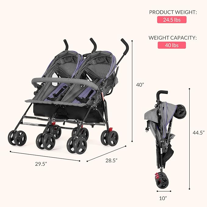 Dream On Me Volgo Twin Umbrella Stroller in Purple, Lightweight Double Stroller for Infant & Toddler, Compact Easy Fold, Large Storage Basket, Large and Adjustable Canopy-CubbioJoy