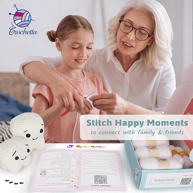 Crochet Kit for Beginners, Crochet Kit w Step-by-Step Video Tutorials, Crochet Starter Kit Learn to Crochet Kits for Adults Kids Beginners, Crochet Kit Tooth (40%+ Yarn Content)-CubbioJoy