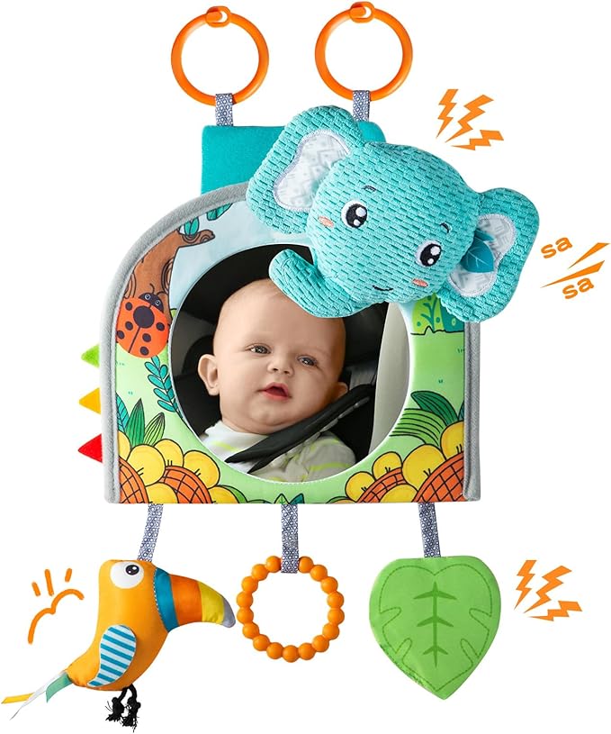 Car Seat Toy, Baby Car Mirror for Rear Facing, Travel Baby Activity Center with Hanging Engaging Toys for Infants Babies 0-6-12-18 Months Boy Girl-CubbioJoy