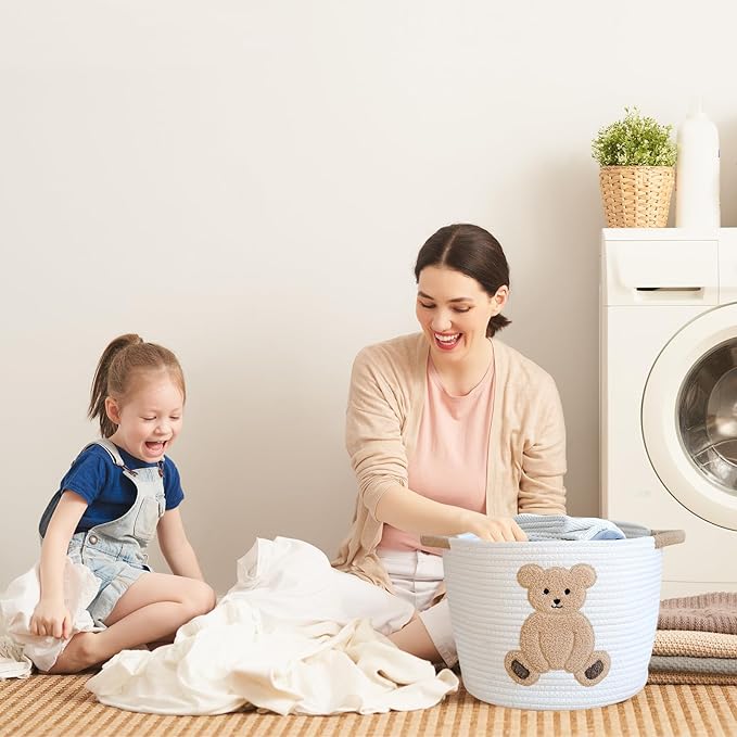 INough Cotton Rope Basket Toy Storage Baskets for kids Laundry Hamper, Gift Basket Empty Baby Shower Baskets with Handles, Cute Bins Blanket Stuffed Animal Storage for Nursery, Living Room Decor, Bear-CubbioJoy
