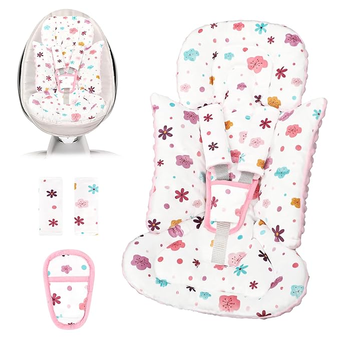 Infant Car Seat Insert with 3 Strap Covers, 3 in 1 Reversible Floral Baby Car Seat Head Support for Newborn, Baby Girl Newborn Essentials for Preemie to Infant, Stroller, Swing, Bouncer (Pink)-CubbioJoy