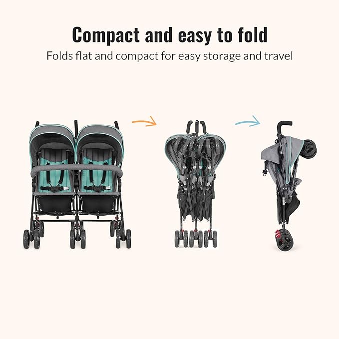 Dream On Me Volgo Twin Umbrella Stroller in Mint, Lightweight Double Stroller for Infant & Toddler, Compact Easy Fold, Large Storage Basket, Large and Adjustable Canopy-CubbioJoy