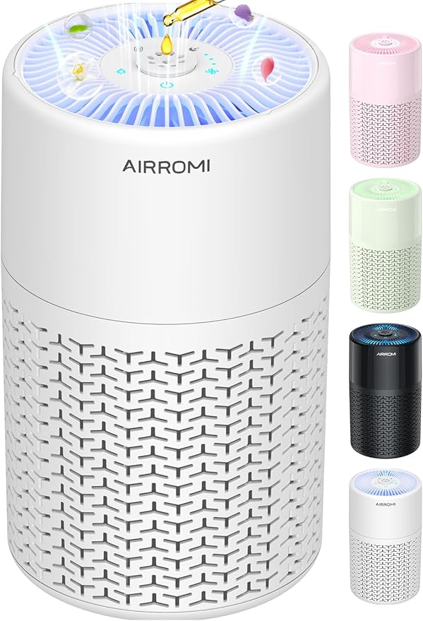 AIRROMI Pets Air Purifier for Home Allergies,Up to 660 ft².Yellow Deodorizing Activated Carbon Filter,With Fragrance Sponge for Better Sleep,Night Light,Pet Dander,Smoke,Odors,Air Cleaner A2002 White-CubbioJoy