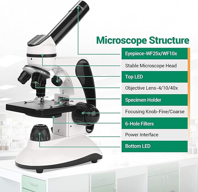 BNISE Microscope kit for Kids Adults Students, 40X-2000X Magnification, Prepared Slides Kit, Dual LED Illumination, All Glass Optics, and Cordless Capability for Children Beginner-CubbioJoy