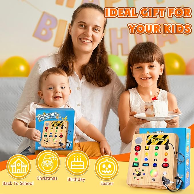 Busy Board with LED Light, Wooden Sensory Toys for Toddler, Montessori Music Toy for Airplane, Travel Activity Educational Learning Autism Toys, Birthday Boys Girls Gifts-CubbioJoy