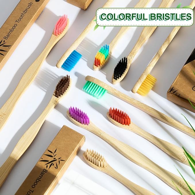 Biodegradable Bamboo Toothbrushes, 10 Piece BPA Free Soft Bristles Toothbrushes, Natural, Eco-Friendly, Green and Compostable (Multicolored Bristles)-CubbioJoy