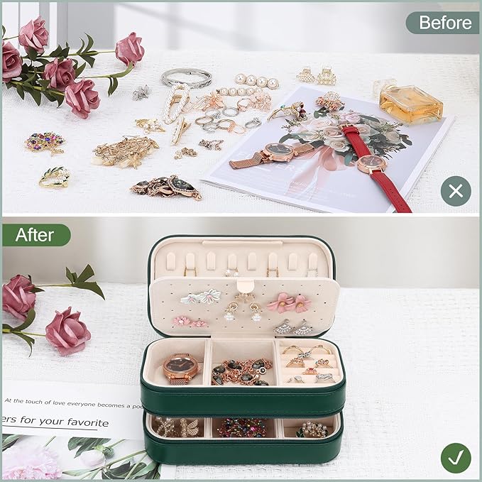 DesignSter Small Travel Jewelry Box with Double Zipper, 2 Layers PU Portable Jewelry Case for Women and Girls,Travel Jewelry Organizer for Rings, Earrings, Necklaces, Bracelets,Dark green-CubbioJoy
