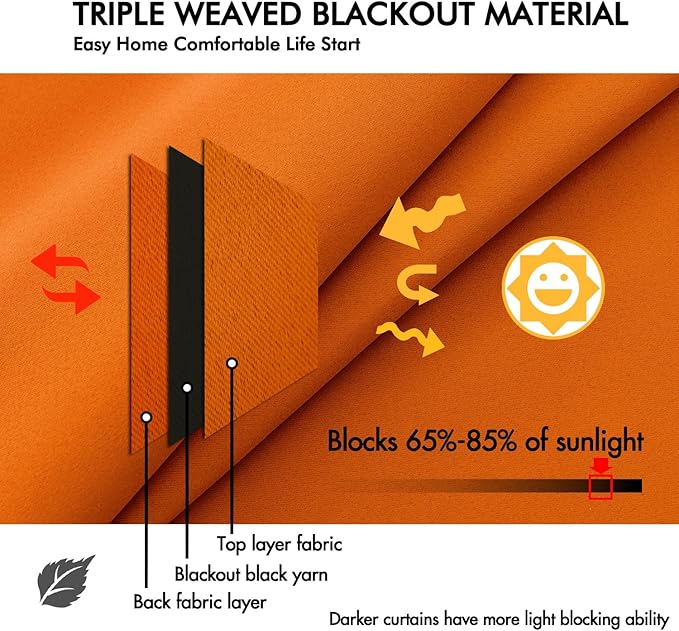 ANRODUO Back Tab Blackout Curtains for Bedroom Living Room, Rod Pocket Pinch Pleated Thermal Insulated Room Darkening Curtains 84 Inches Long 2 Panels, Orange, 42 x 84 Inch-CubbioJoy