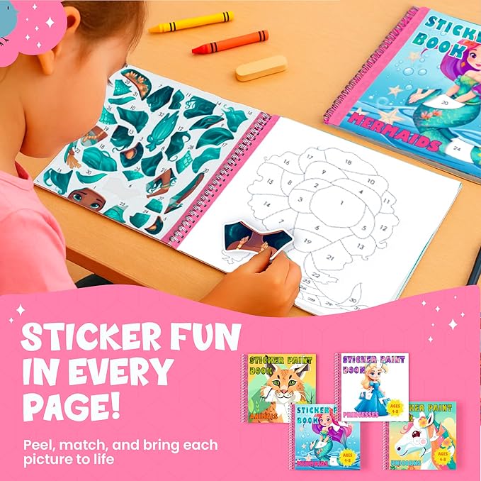 BulbaCraft 4Pcs Sticker Paint Books for Girls - Sticker Books by Number with Mermaids, Princesses, Animals and Unicorns - Coloring Activity for Kids-CubbioJoy
