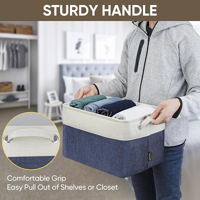 BALEINE 4 Pack Fabric Storage Bins for Shelves, Linen Storage Baskets for Organizing, Decorative Closet Bins for Clothes, Home (Navy Blue, 15"x11"x9.5")-CubbioJoy