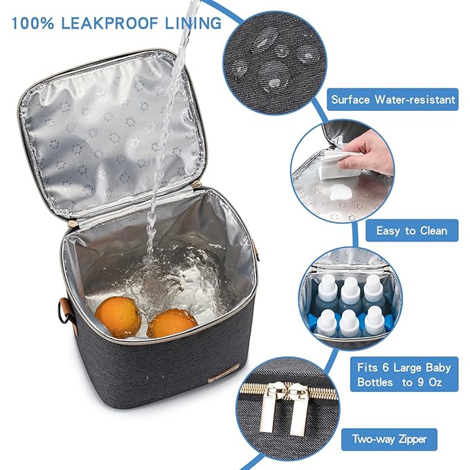 Breastmilk Cooler Bag with Ice Pack Fits 6 Baby Bottles Up to 9 Ounce, Baby Bottle Bag with Shoulder Strap for Nursing Mom Daycare,Dark Grey-CubbioJoy