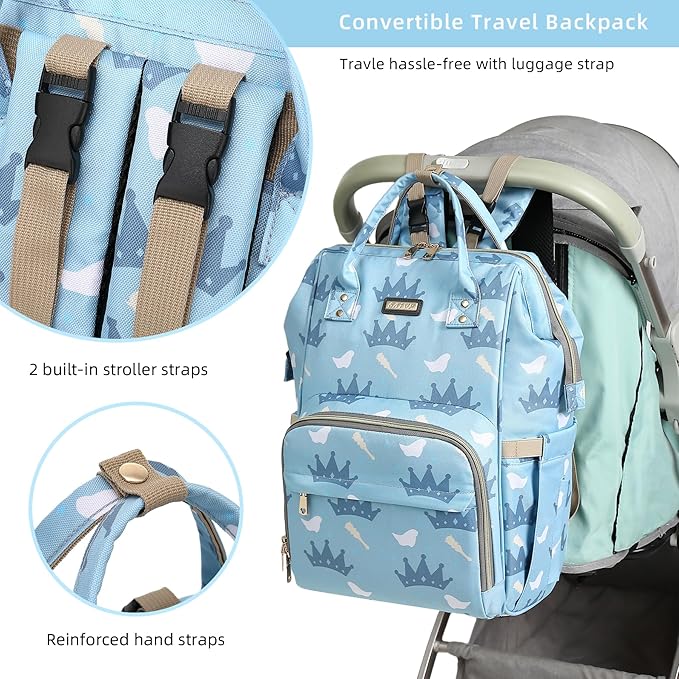 Diaper Bag Backpack, Diaper Bags for Baby Girls Boys, Baby Bags for Moms Dads, Nappy Changing Bag with Insulated Pockets,Multi-functional Waterproof Backpack with Stroller straps-Light blue crown-CubbioJoy