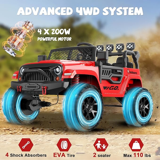 ANPABO 24V 2 Seater Ride On Car for Kids w/EVA Tires, 4X200W Motors, 4 Shock Absorbers, 2.4G Remote Control, Bluetooth Radio, LED Headlights & Searchlights, Electric Car for Kids Ages 3-8,Bright red-CubbioJoy