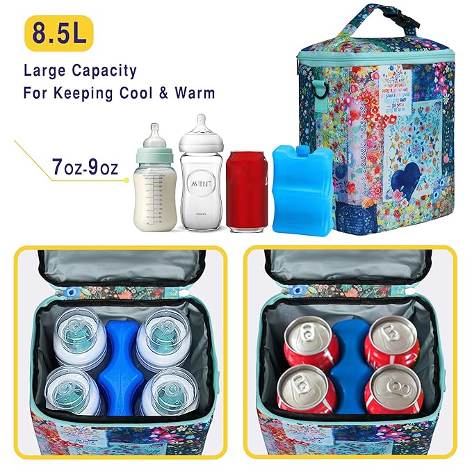 Breastmilk Cooler Bag with Ice Pack Fits 4 Baby Bottles Up to 9 Ounce Insulated Baby Bottle Bag Breast Milk Cooler on The Go with Strap Baby Bottle Cooler Bag for Nursing Mom Daycare or Travel-CubbioJoy