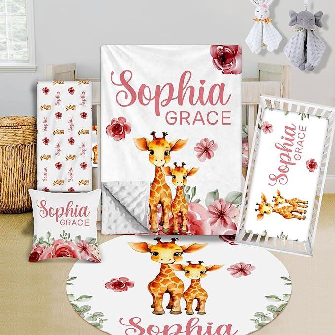 Custom Crib Bedding Set - Giraffe Design Personalized Name Baby Nursery Bed 3 Pcs Set - Chic Soft Blanket with Dotted Backing, Sheet, Pillowcase for Newborn Girls Boys Gifts Color20-CubbioJoy