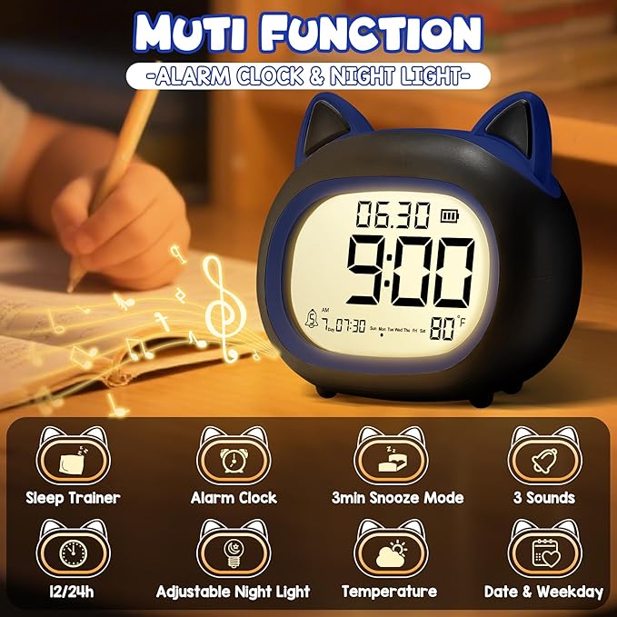 Kids Alarm Clock with Night Light for Kids, Small Digital Alarm Clocks for Bedrooms, Routine Builder, Cute Cat Alarm Clock with Sleep Training, Snooze, 12/24H, Date & Day, Temperature, USB Port-CubbioJoy