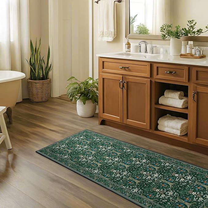 Joydeco Washable Runner Rug Non Slip, Floral Kitchen Carpet Runner 2x6, Soft Low-Pile Botanical Forest Indoor Floor Door Mat for Hallway Bathroom Entryway Laundry Room, Dark Green-CubbioJoy