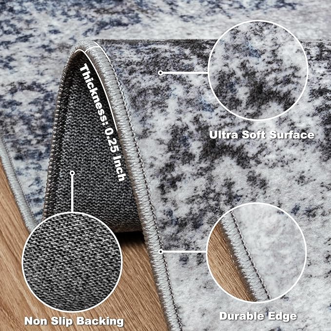 Area Rug 9x12 Washable Rugs: Abstract Large Living Room Rugs with Non-Slip Backing, Stain Resistant Indoor Floor Carpet for Bedroom Dining Room Table Nursery Hallway Home Office Blue/Gray/Black-CubbioJoy
