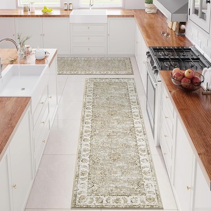 jinchan Runner Rug 3x10-2pcs Kitchen Washable Vintage Hallway Rug Floral Print Floor Cover Indoor Thin Retro Mat Accent for Bathroom Laundry Room Bedroom Office Farmhouse (Double,Taupe)-CubbioJoy