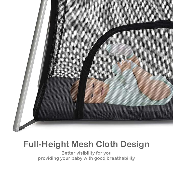 BABY JOY Baby Foldable Travel Crib, 2 in 1 Portable Playpen with Soft Washable Mattress, Side Zipper Design, Lightweight Installation-Free Home Playard with Carry Bag, for Infants & Toddlers (Grey)-CubbioJoy