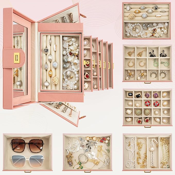 AKOZLIN Large Jewelry Box Organizer Functional Lockable with Big Mirror, Leather Jewelry Storage Case for Women Girls Ring Necklace Earring Bracelet Holder Organizer Pink-CubbioJoy