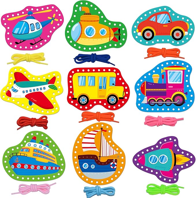 9 Pieces Kids Lacing Cards, Double Sided Vehicle Sewing Cards with 9 Colorful Laces, Imagination Development Lacing Toys Games for Children Educational and Learning Activity-CubbioJoy