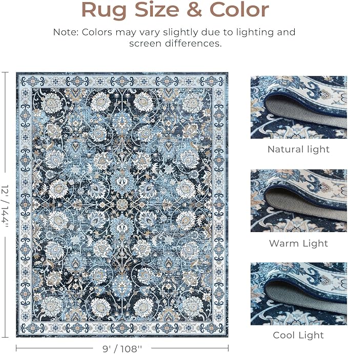 Blue 9x12 Area Rugs for Living Room, Washable Large Rug, Vintage Floral Soft Carpet, Non Slip & Low Pile, Wool Carpets for Indoor Bedroom Dining Home Playroom Office Under Table, Blue Garden-CubbioJoy