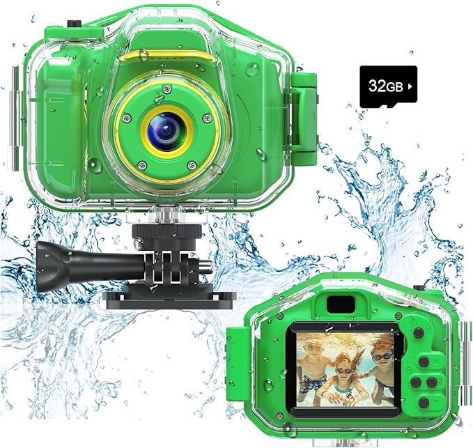 Agoigo Kids Waterproof Camera - Children Underwater HD Video Digital Camcorder, Portable Travel Toy for Toddler - Ideal Christmas Birthday Gifts for Boys Girls Age 3-12 with 32GB Card (Green)-CubbioJoy