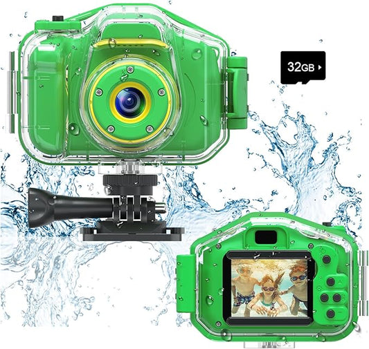 Agoigo Kids Waterproof Camera - Children Underwater HD Video Digital Camcorder, Portable Travel Toy for Toddler - Ideal Christmas Birthday Gifts for Boys Girls Age 3-12 with 32GB Card (Green)-CubbioJoy