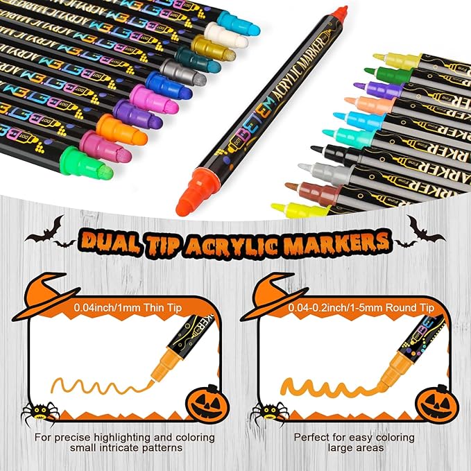 Betem 24 Colors Dual Tip Acrylic Paint Pens Markers, Premium Acrylic Paint Pens for Halloween Decorations, Wood, Canvas, Stone, Rock Painting, Glass, Ceramic Surfaces, Pumpkin Painting Kit DIY Crafts-CubbioJoy