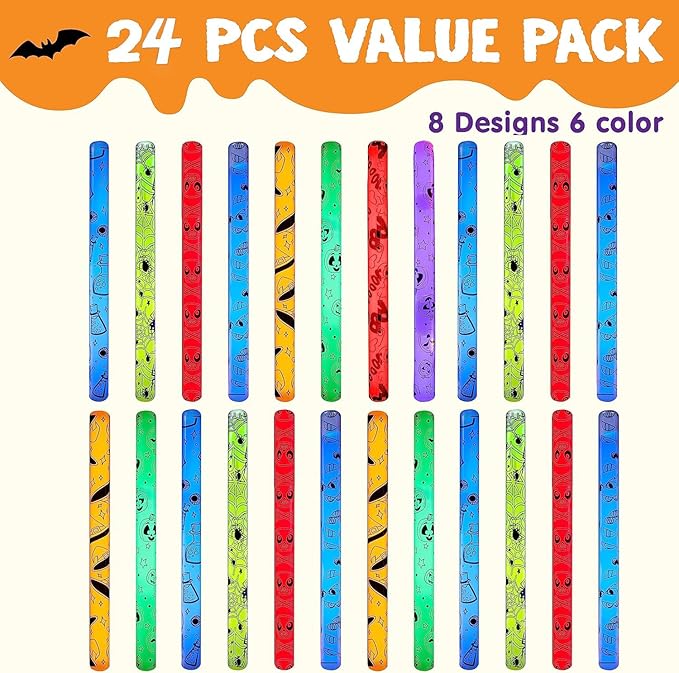 JOYIN 24 Pcs Halloween Glow Stick Hanging Wands in 8 Different Pattern Designs and 6 Colors for Kids Party Favors, Halloween Party Supplies, Glow in the Dark, Goodies Bags Fillers, Non Candy Treats-CubbioJoy