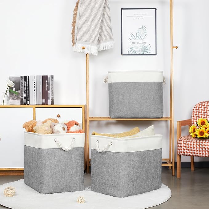 Bidtakay Extra Large Storage Baskets for Organizing 17x12x15.1 inch 3-Pack Fabric Closet Organizers Storage Bins with Handles Foldable Storage Baskets for Shelves Clothes XL-White&Grey-CubbioJoy