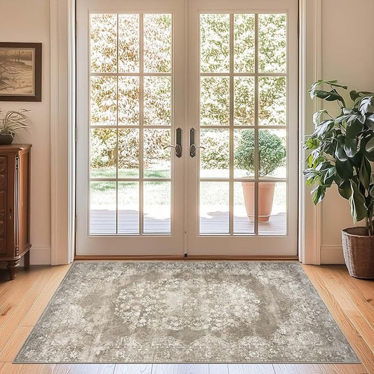 jinchan Washable Area Rug 3x5 Entryway - Soft Distressed Vintage Floral Indoor Bedroom Rug Faux Wool Low Pile Small Oriental Accent Carpet for Kitchen,Entrance,Bedside,Dining Room(Brown,3'x5')-CubbioJoy