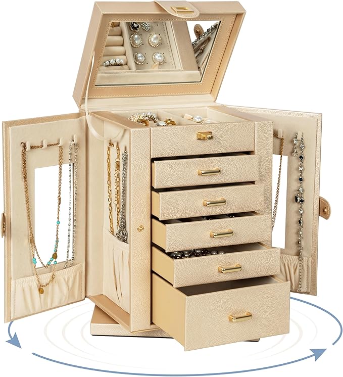 AKOZLIN Jewelry Box 6-Tier Organizer Functional 360° Rotating Jewelry Storage Case for Women Girls Ring Necklace Earring Bracelet Holder with Mirror-CubbioJoy