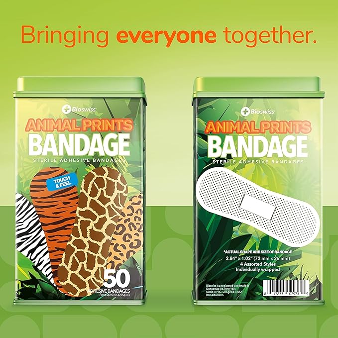 BioSwiss Bandages, Animal Print Shaped Self Adhesive Bandage, Latex Free Sterile Wound Care, 50 Count-CubbioJoy