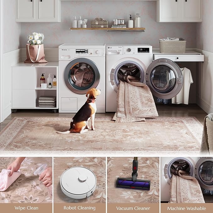 jinchan Vintage Floral Runner Rug 2x5 - Machine Washable Distressed Design Non-Slip Low-Pile Soft Thin Carpet for Hallway Kitchen Farmhouse Bedroom Entryway Laundry Room (2x5ft,Coral Pink)-CubbioJoy