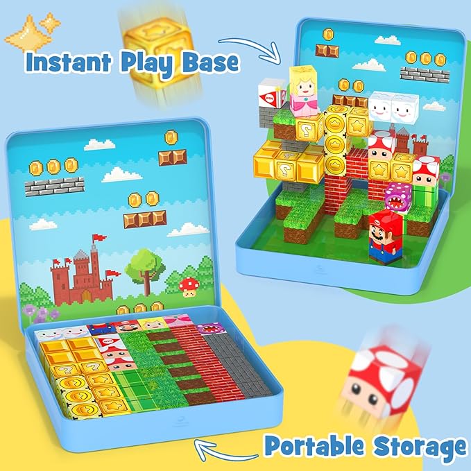 49PCS Mini Magnetic Tiles Travel Toys for Kids Ages 4-8, Magnetic Building Blocks Adventure Set with Portable Iron Storage Box & Play Base, STEM Learning Activities for Toddlers 3-5-CubbioJoy